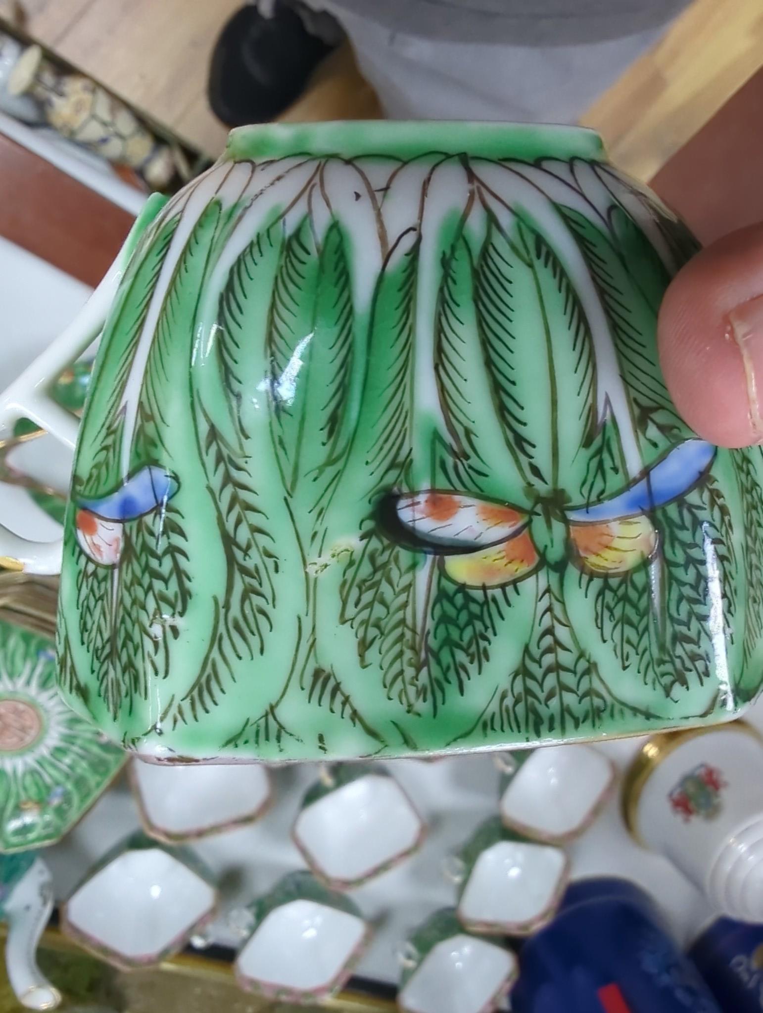 A Chinese pakchoi cabbage pattern set of tea cups and saucers, others similar, Republic period